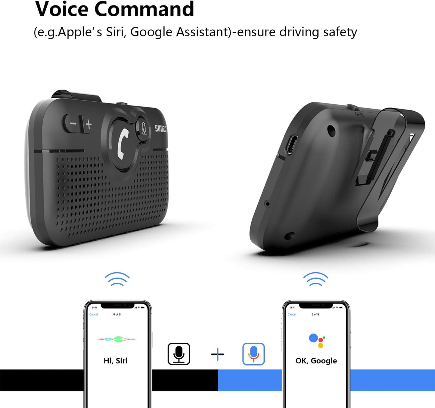 Handsfree Bluetooth Car kit for Cell Phone, Wireless Bluetooth Speaker for car, AUTO Power ON Support Siri Google Voice Assistant Hands Free Car Phone Speakerphone with Visor Clip-BC980SA