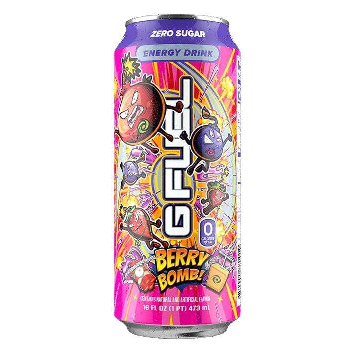 G Fuel Berry Bomb Energy Drink, Sugar Free, Healthy Drinks, Zero Calorie, 300 mg Caffeine per Carbonated Can, Focus Amino, Vitamin + Antioxidants Blend - 12 Pack