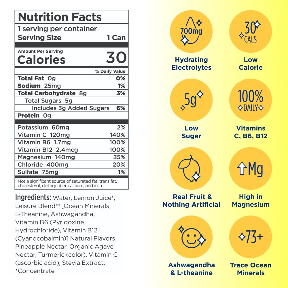 Leisure Drinks - Electrolyte Drink Variety Pack [Electrolyte Refresher - 16oz Cans, 12pk] - Low Sugar Hydration Drink - Get The Best Hydration Drink Packed w/ Magnesium & Ashwagandha For Mood & Stress Support