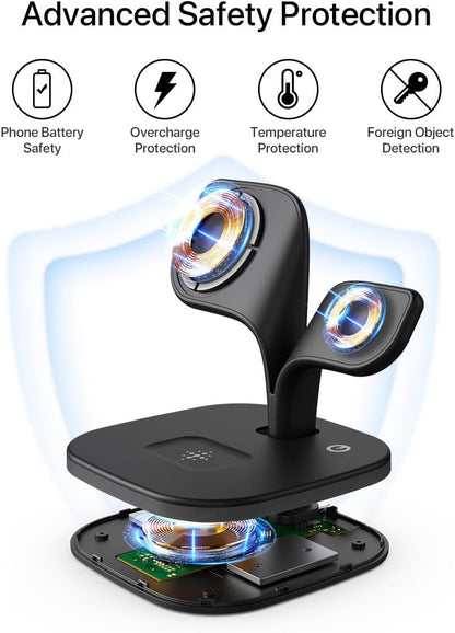 EXW Wireless Charging Station for Magsafe Charger,Charging Station for Multiple Devices,Wireless Charger for iPhone 16/15/14/13/12 Series,Apple Watch Series 1-9,AirPods with LED and Adapter (Black)