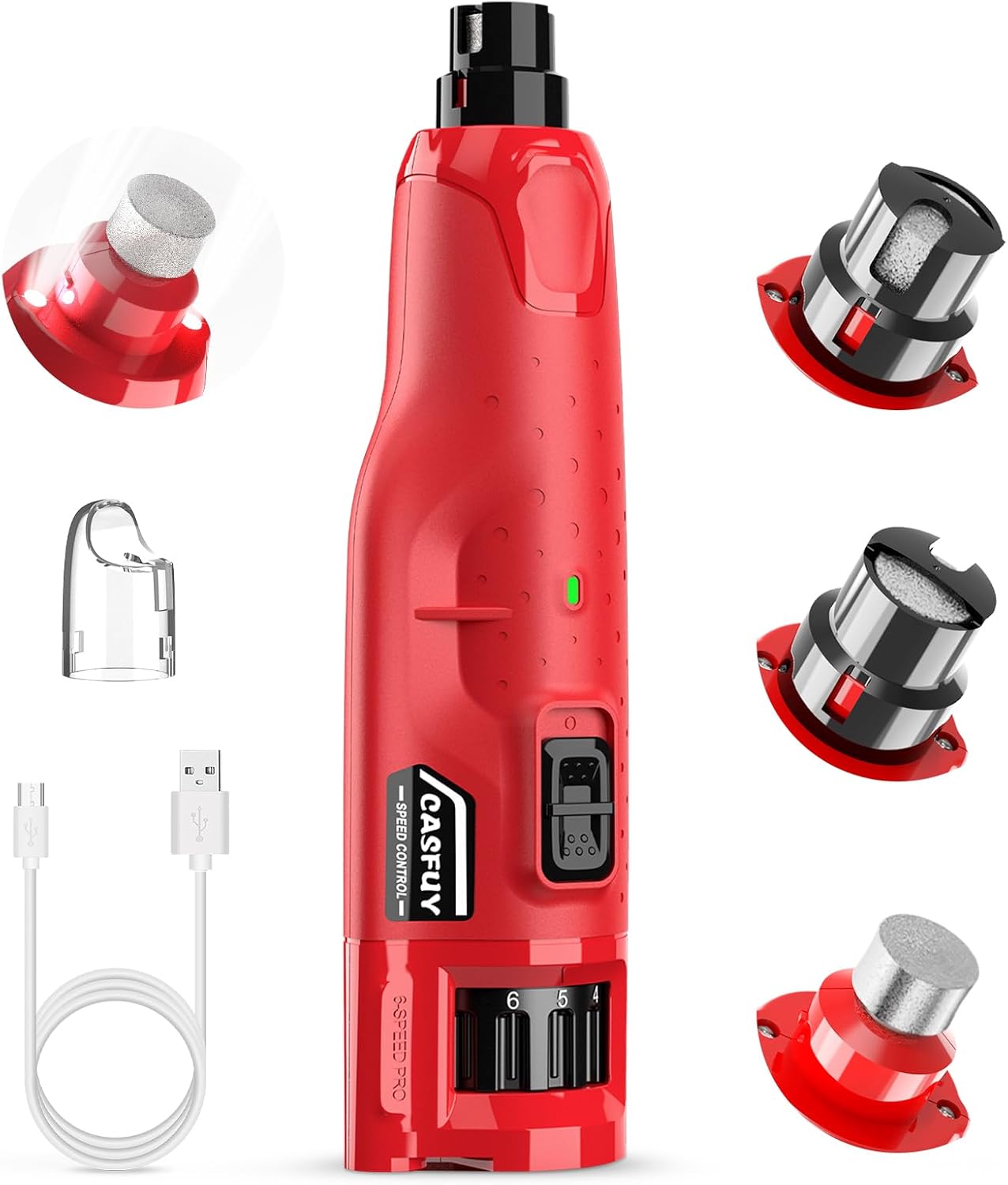 Casfuy Dog Nail Grinder Quiet - (45db) 6-Speed Pet Nail Grinder with 2 LED Lights for Large Medium Small Dogs/Cats, Professional 3 Ports Rechargeable Electric Dog Nail Trimmer with Dust Cap(Red)