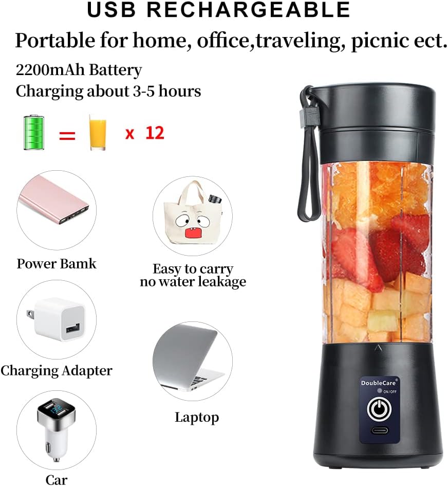 Portable Blender Cup,Electric USB Mini Juicer Blender For Shakes and Smoothies, Juice,380ml, Six Blades Great for Mixing,Black