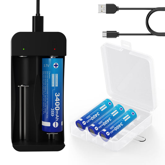 18650 Rechargeable Battery Charger Set, 3.7V Button Top Lithium ion Rechargeable Battery for Flashlight Headlamp (4Batteries+ Rechargeable Charger Set)