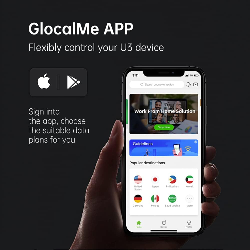 GlocalMe U3 4G LTE Mobile Hotspot Device, Portable WiFi Hotspot for Travel in 200+ Countries, No SIM Card Needed, 10 Connected Devices and Global 1GB Data 30 Days, Pocket WiFi Device (U3 Black)