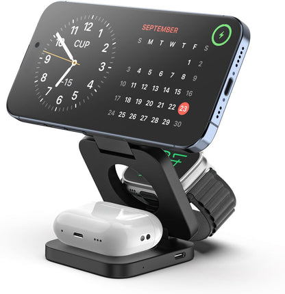 Fast Wireless Charger, Magnetic Foldable 3 in 1 Charging Station for iPhone 16/15/14/13/12/Pro/Plus/Pro Max, 5W Portable Charger for Apple Watch9/8/7/6/5/4/3/SE, for Airpods3/2/Pro-Black