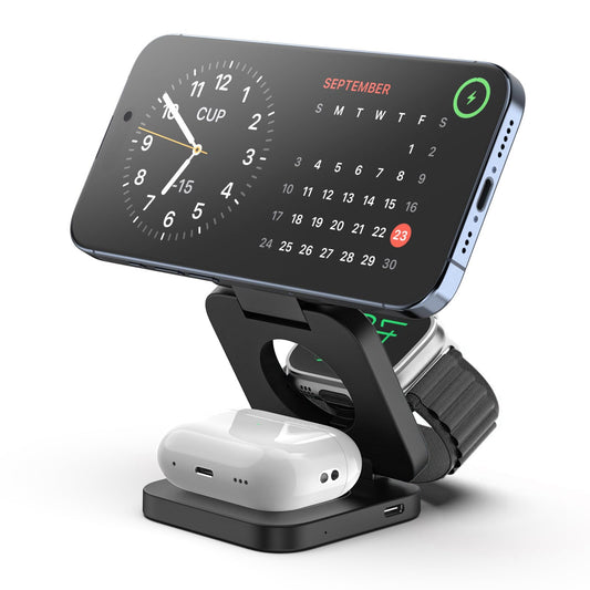 Fast Wireless Charger, Magnetic Foldable 3 in 1 Charging Station for iPhone 16/15/14/13/12/Pro/Plus/Pro Max, 5W Portable Charger for Apple Watch9/8/7/6/5/4/3/SE, for Airpods3/2/Pro-Black