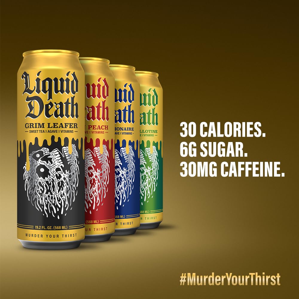 Liquid Death, Iced Tea Variety Pack (Grim Leafer, Rest in Peach, Dead Billionaire, and Green Guillotine), 12-Pack (King Size 19.2oz Cans), Tea Sweetened With Real Agave, B12 & B6 Vitamins, Low Calorie & Low Sugar