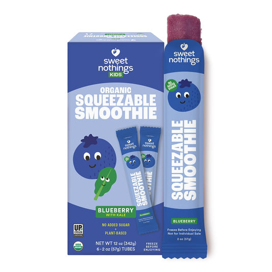 Sweet Nothings, Blueberry, USDA Organic Kids' Squeezable Super Fruit Smoothie Freezie Pops, Pack of 6 - Dye-Free, No Added Sugar, Dairy-Free, Vegan, Healthy Organic Fruit and Veggie Pops,