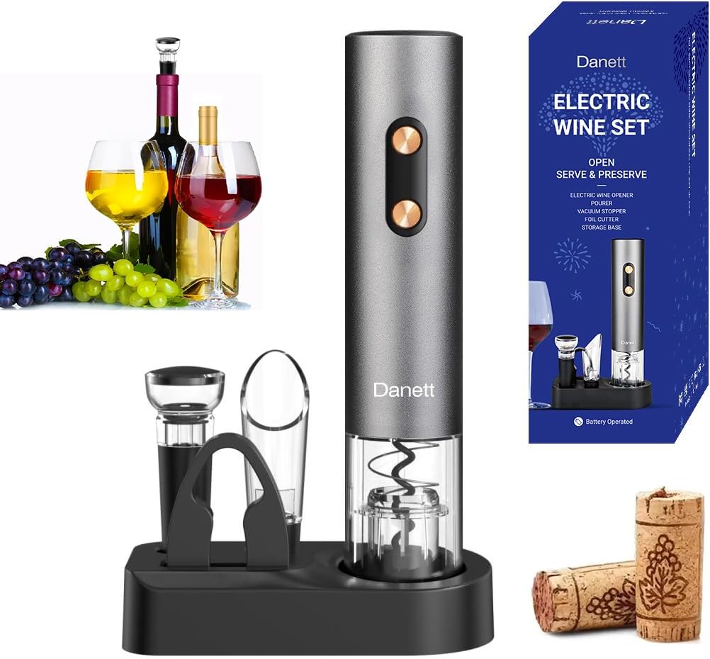Automatic Electric Wine Opener Gift Set 5in1, Electric Wine Bottle Corkscrew+Foil Cutter+Pourer+Vacuum Stoppers+Base,AL alloy body+Rose gold Buttons Anti-fingerprint,Blue Light Bin-Grey