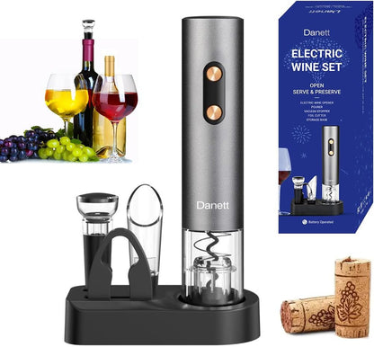 Automatic Electric Wine Opener Gift Set 5in1, Electric Wine Bottle Corkscrew+Foil Cutter+Pourer+Vacuum Stoppers+Base,AL alloy body+Rose gold Buttons Anti-fingerprint,Blue Light Bin-Grey