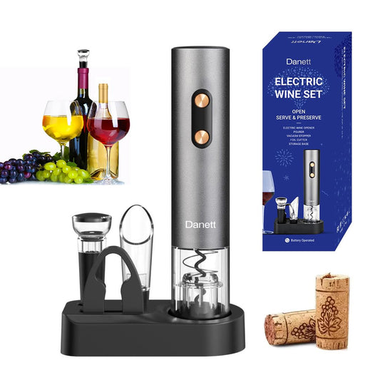 Automatic Electric Wine Opener Gift Set 5in1, Electric Wine Bottle Corkscrew+Foil Cutter+Pourer+Vacuum Stoppers+Base,AL alloy body+Rose gold Buttons Anti-fingerprint,Blue Light Bin-Grey