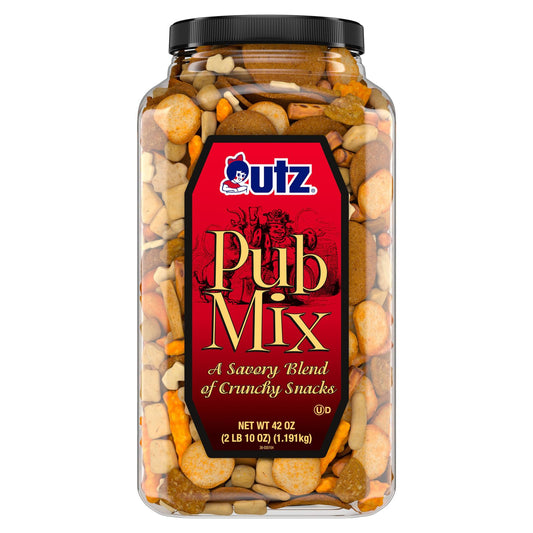 Utz Pub Mix, 42 Oz. Barrel, Savory Snack Mix with a Blend of Crunchy Flavors for a Tasty Party Snack, Resealable Container, Trans-Fat Free and Kosher Certified