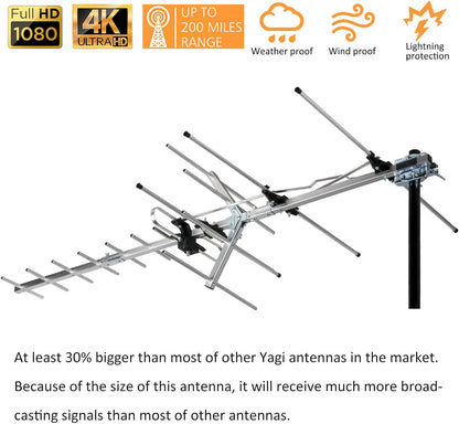 Five Star TV Antenna Indoor/Outdoor Yagi Satellite HD Antenna with up to 200 Mile Range - Attic or Roof Mount TV Antenna, Long Range Digital OTA Antenna for 4K 1080P with Mounting Pole