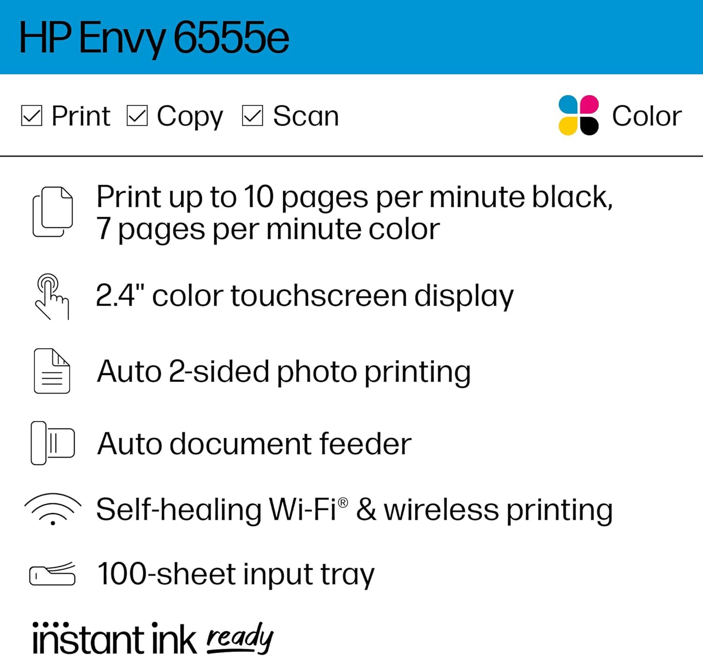 HP Envy 6555e Wireless All-in-One Color Inkjet Printer, Print, scan, Copy, Duplex Printing Best-for-Home, 3 Months of Ink Included (714N5A)
