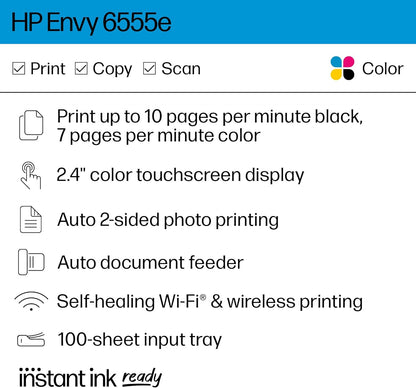 HP Envy 6555e Wireless All-in-One Color Inkjet Printer, Print, scan, Copy, Duplex Printing Best-for-Home, 3 Months of Ink Included (714N5A)