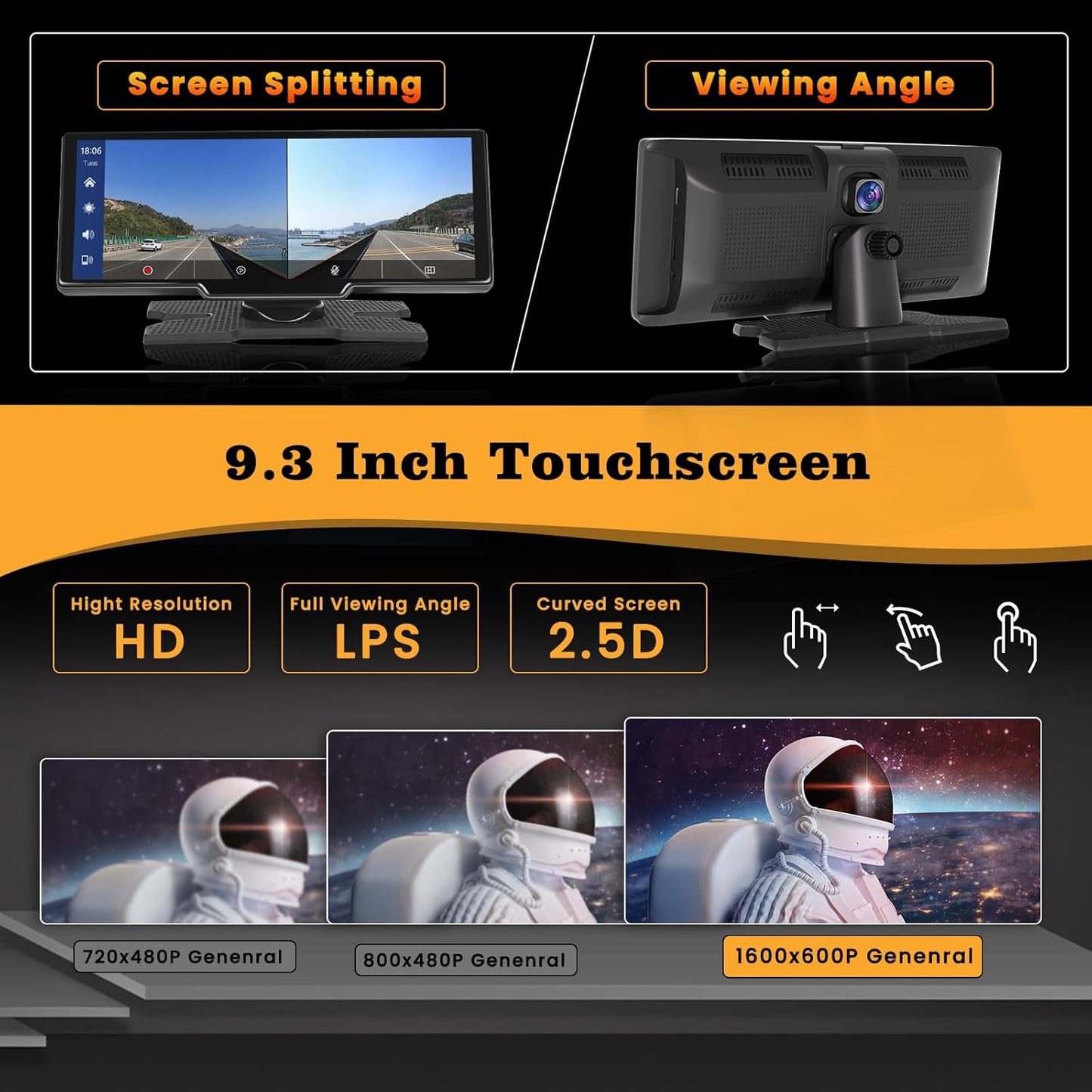 Hikity Wireless Carplay Touchscreen with 2.5K Dash Cam, 9.3 Inch Portable Android Auto CarPlay Unit Car Radio with 1080P Backup Camera 64G TF WiFi Video Airplay Voice Control