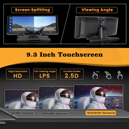 Hikity Wireless Carplay Touchscreen with 2.5K Dash Cam, 9.3 Inch Portable Android Auto CarPlay Unit Car Radio with 1080P Backup Camera 64G TF WiFi Video Airplay Voice Control