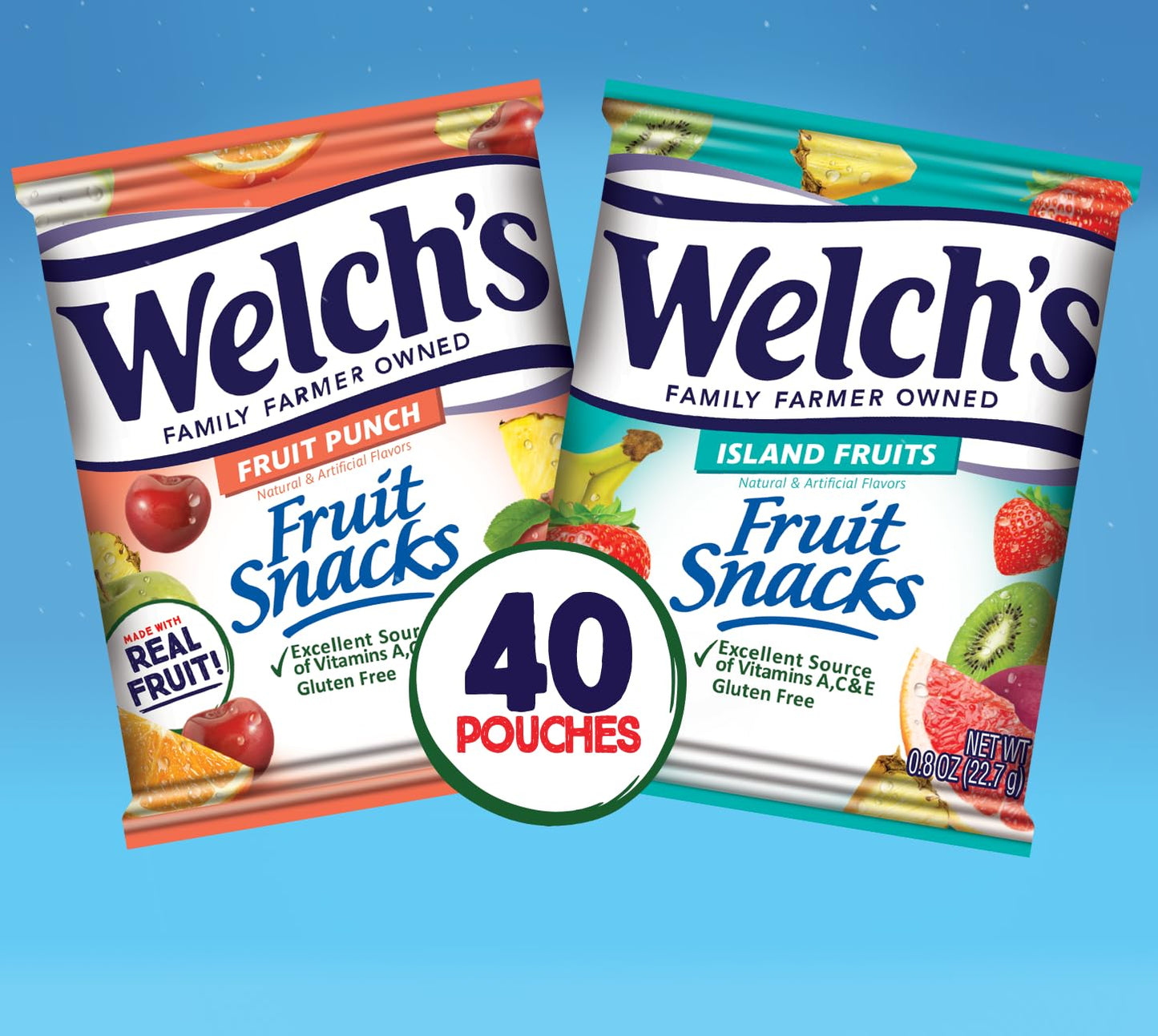 Welch's Fruit Snacks, Fruit Punch & Island Fruits Variety Pack, Perfect Stocking Stuffer, Bulk Pack, Gluten Free, Individual Single Serve Bags, 0.8 oz (Pack of 40)
