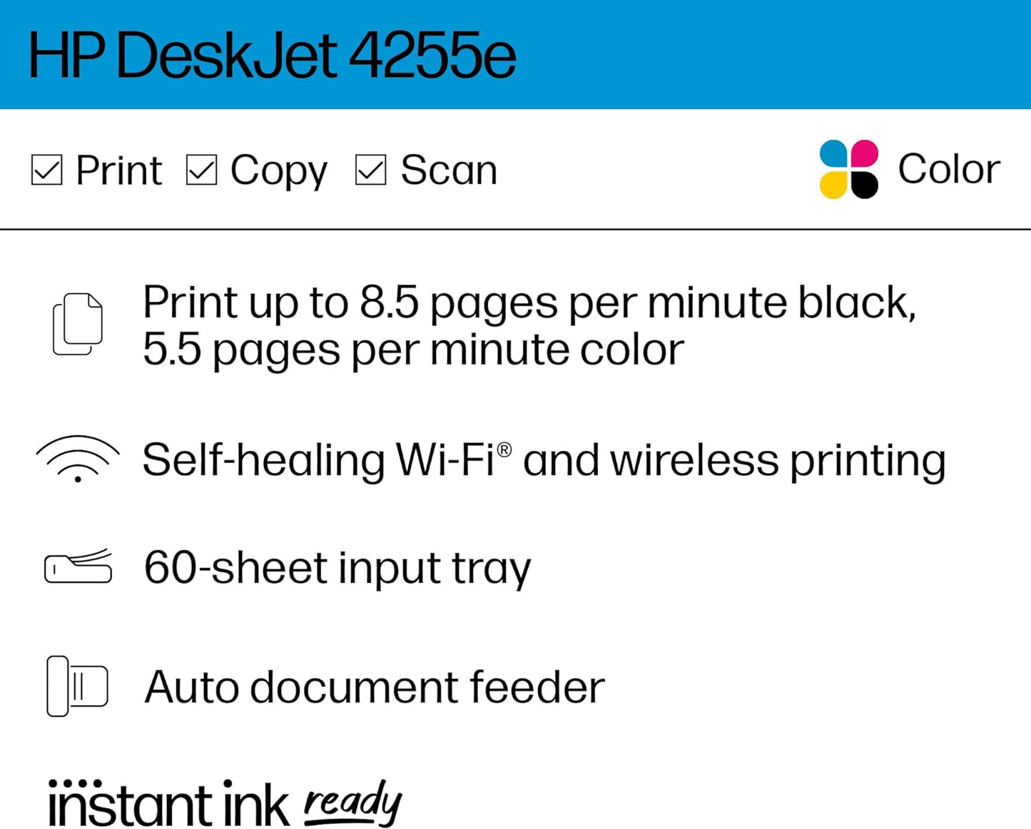 HP DeskJet 4255e Wireless All-in-One Color Inkjet Printer, Scanner, Copier, Best-for-Home, 3 Months of Ink Included (588S6A)