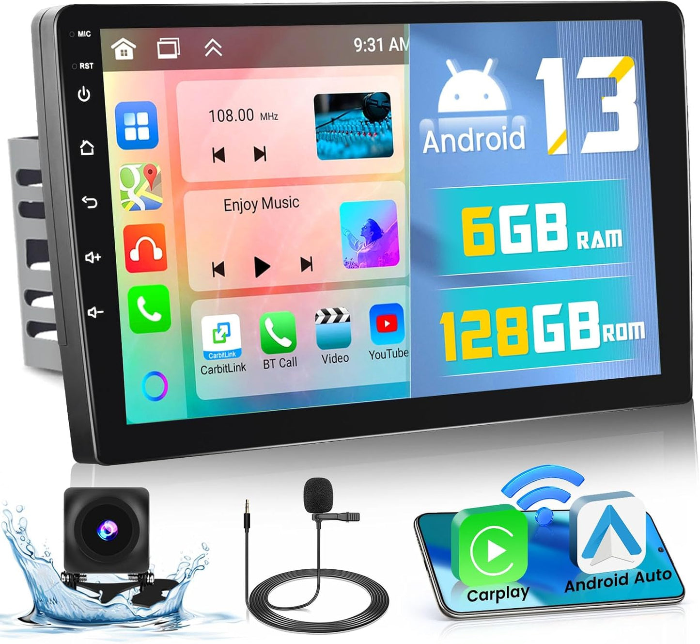 Hikity 6+128GB 8 Core Android 13 Double Din Car Stereo with Wireless Carplay Android Auto, 9 Inch IPS Touchscreen Radio Bluetooth 5.0, GPS, WiFi, 32EQ DSP, 59 UI Themes, Mic, AHD Backup Cam