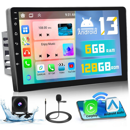 Hikity 6+128GB 8 Core Android 13 Double Din Car Stereo with Wireless Carplay Android Auto, 9 Inch IPS Touchscreen Radio Bluetooth 5.0, GPS, WiFi, 32EQ DSP, 59 UI Themes, Mic, AHD Backup Cam