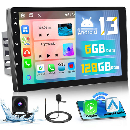 Hikity 6+128GB 8 Core Android 13 Double Din Car Stereo with Wireless Carplay Android Auto, 9 Inch IPS Touchscreen Radio Bluetooth 5.0, GPS, WiFi, 32EQ DSP, 59 UI Themes, Mic, AHD Backup Cam