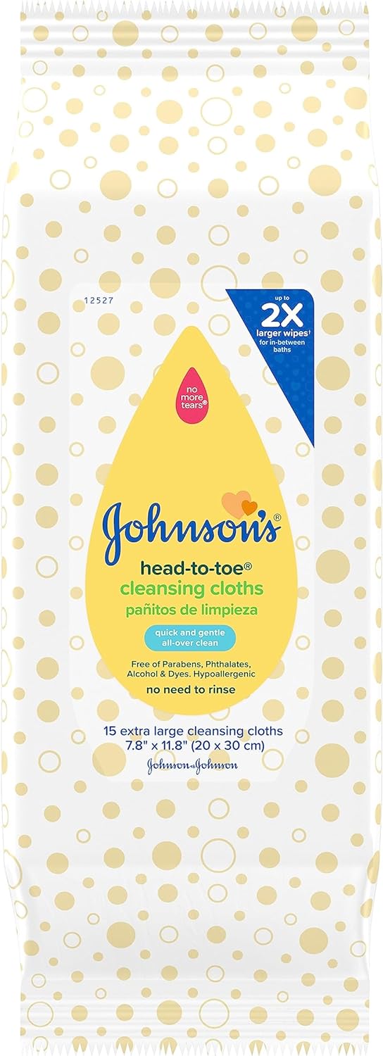 Johnson's Head-to-Toe Gentle Baby Cleansing Cloths, Hypoallergenic and Pre-Moistened Baby Bath Wipes, Free of Parabens, Phthalates, Alcohol, Dyes and Soap, 15 ct