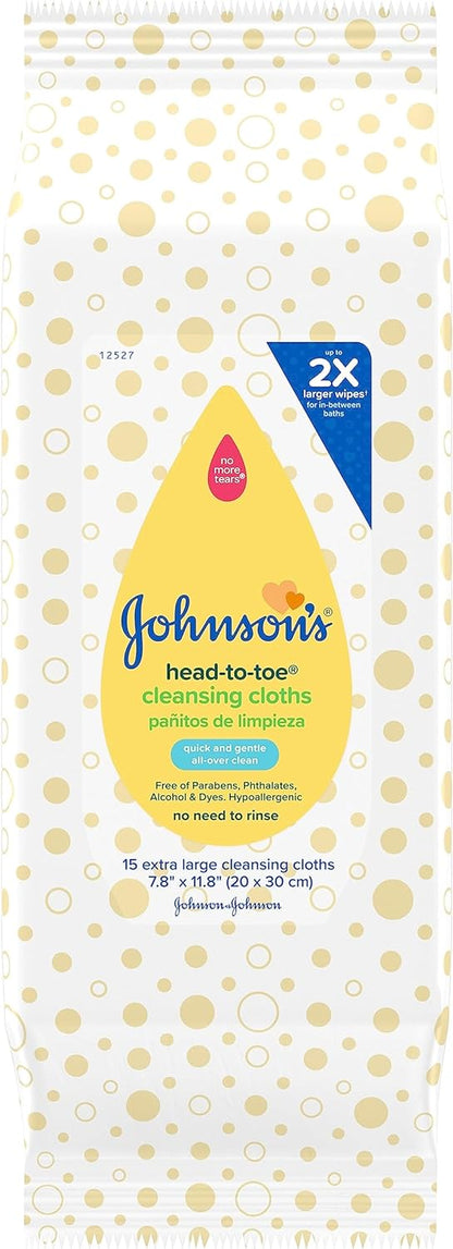 Johnson's Head-to-Toe Gentle Baby Cleansing Cloths, Hypoallergenic and Pre-Moistened Baby Bath Wipes, Free of Parabens, Phthalates, Alcohol, Dyes and Soap, 15 ct