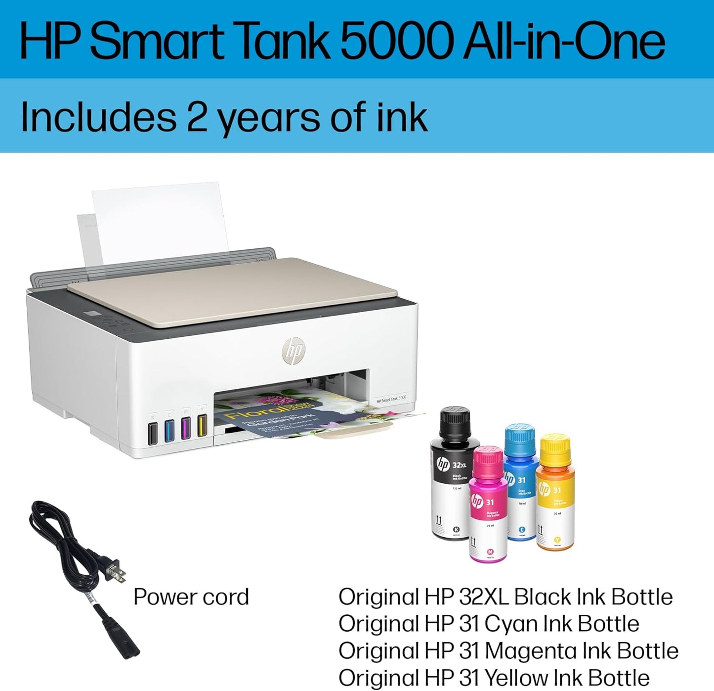 HP Smart-Tank 5000 Wireless All-in-One Ink-Tank Printer with up to 2 years of ink included, mobile print, scan, copy, white, 17.11 x 14.23 x 6.19