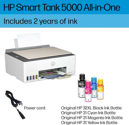 HP Smart-Tank 5000 Wireless All-in-One Ink-Tank Printer with up to 2 years of ink included, mobile print, scan, copy, white, 17.11 x 14.23 x 6.19