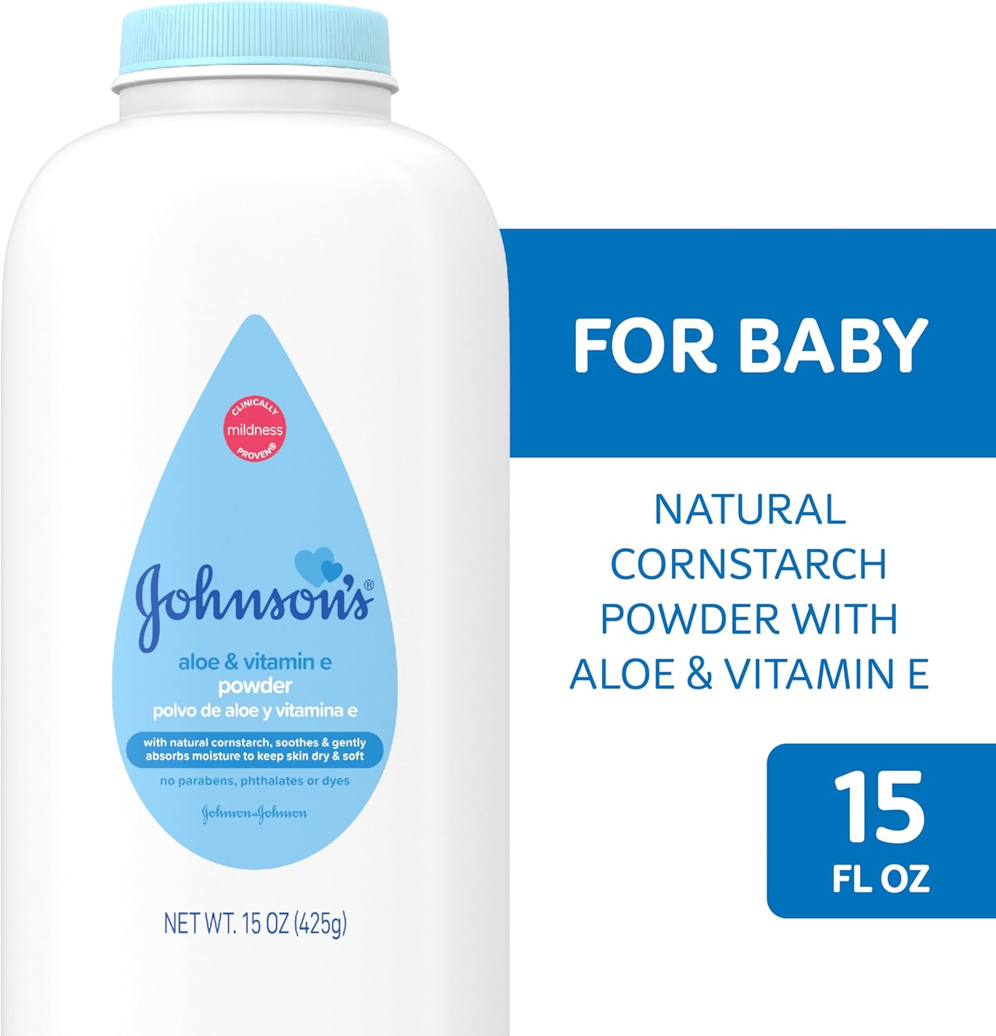 Johnson's Baby Powder, Naturally Derived Cornstarch with Aloe & Vitamin E for Delicate Skin, Hypoallergenic and Free of Parabens, Phthalates, and Dyes for Gentle Baby Skin Care, 15 oz