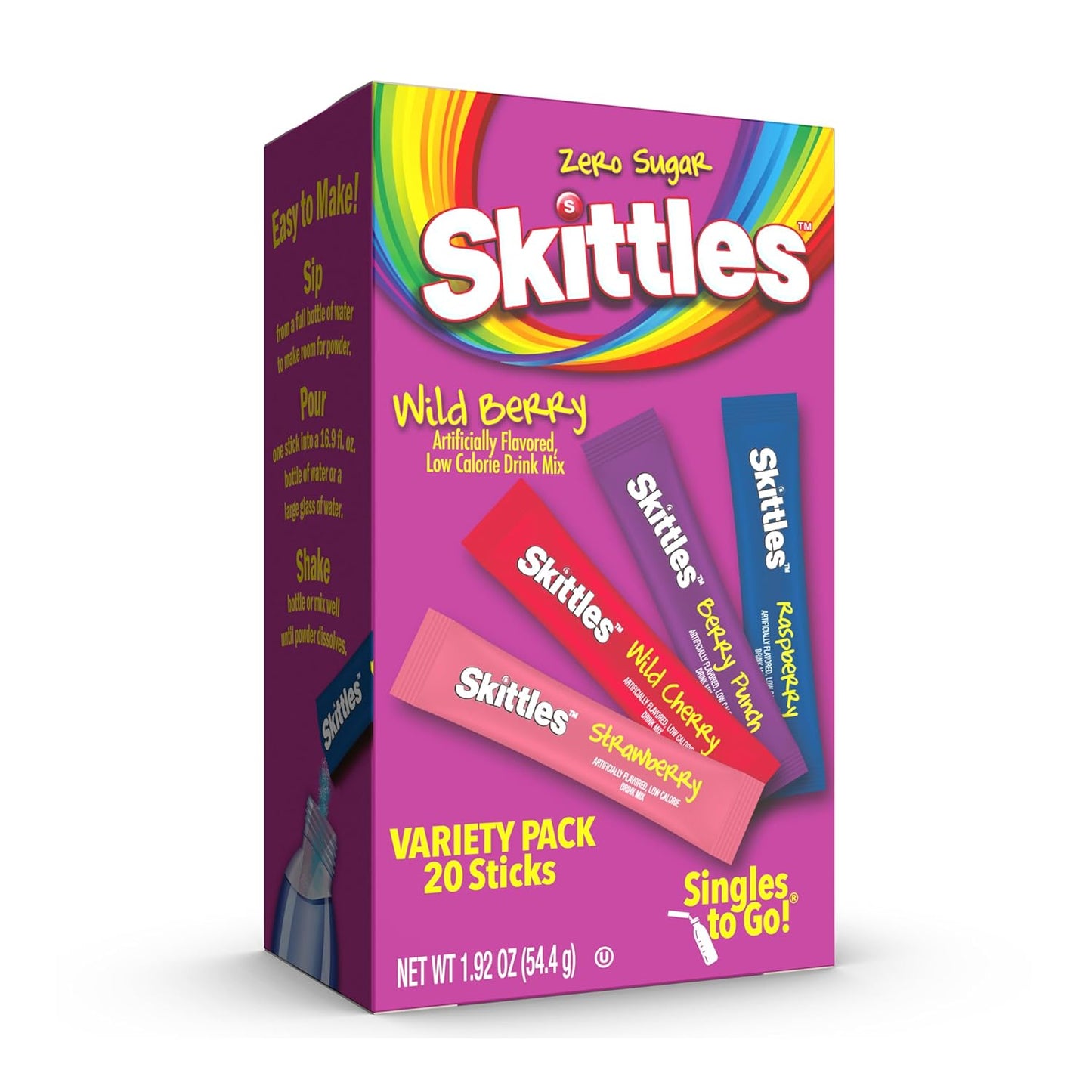 Skittles Singles To Go Variety Pack, Watertok Powdered Drink Mix, Zero Sugar, Low Calorie, Includes 4 Flavors, 1 Box (20 Single Servings) (Wild Berry)
