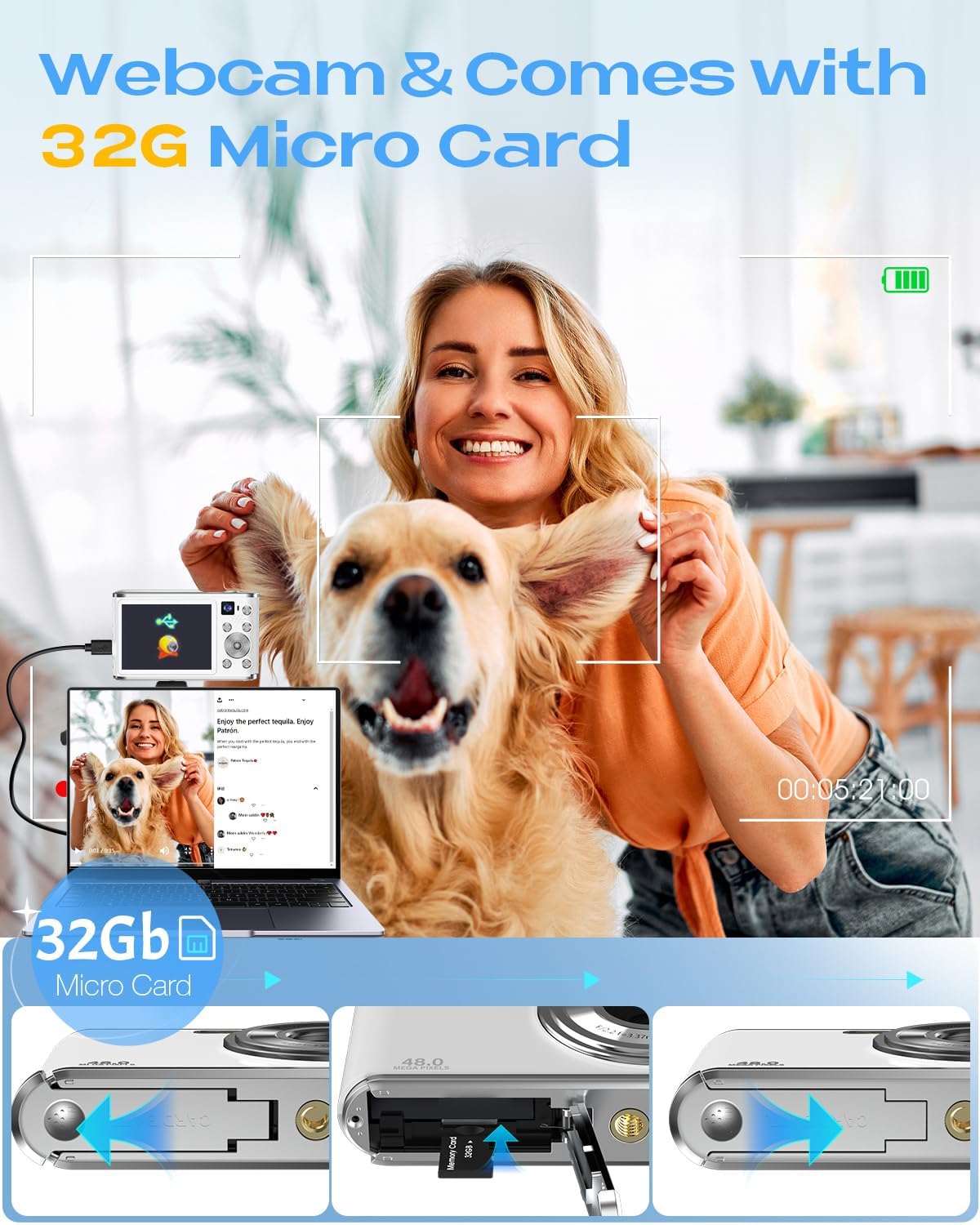 Digital Camera, UHD 4K Digital Camera with Front and Rear Camera, Autofocus 48MP 16X Digital Zoom Vlogging Camera with 32GB Card, 2.8 Inch Screen Compact Photo Shoot Camera for Beginners(White)