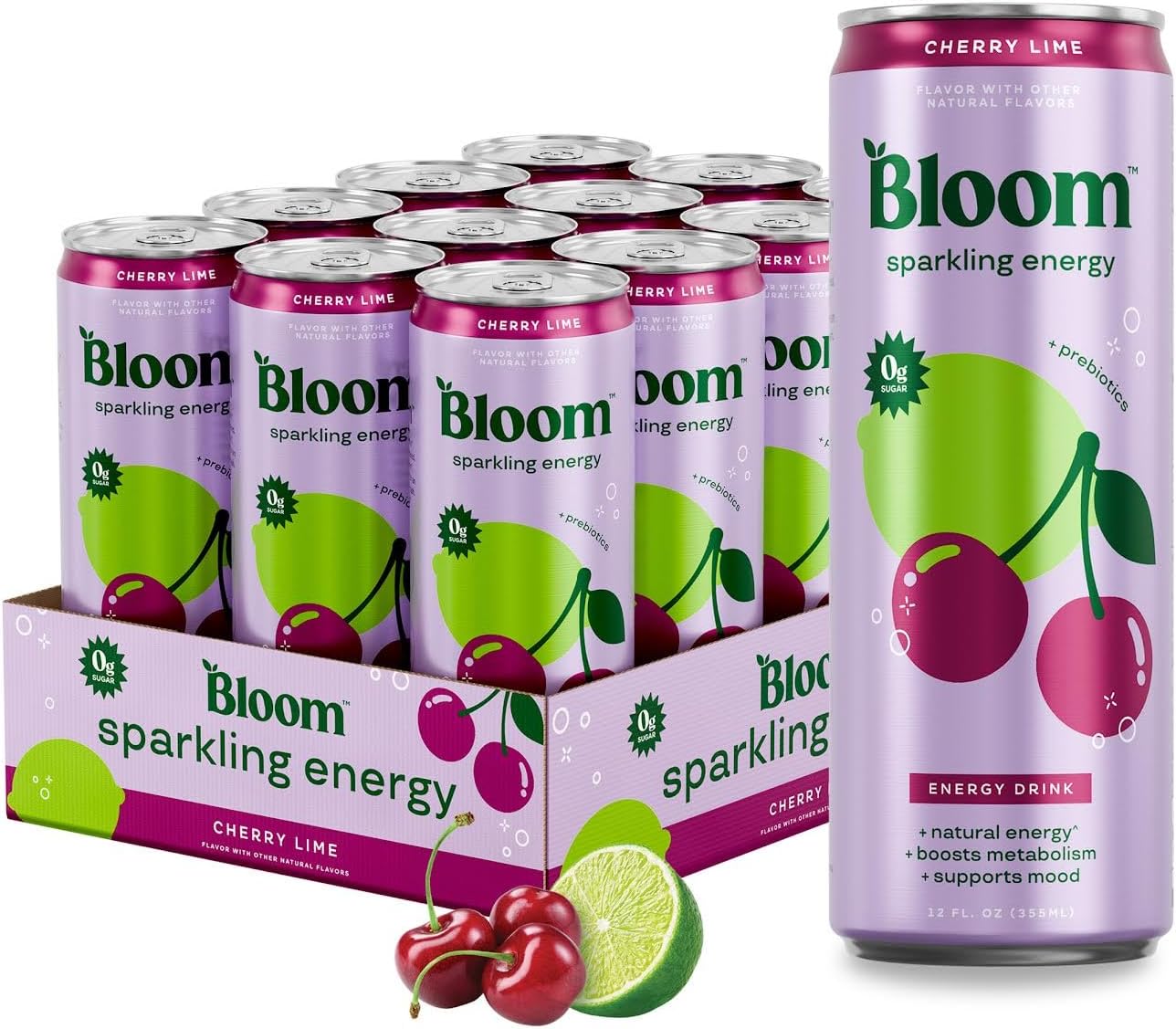 Bloom Sparkling Energy Drink - Natural Caffeine, Zero Sugar, 180mg Caffeine - Antioxidant-Rich w/Green Coffee Bean, Green Tea Extract, Prebiotics - Wellness Beverage for Focus & Metabolism 12oz 12 pk