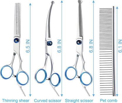 5 in 1 Premium Dog Grooming Scissors, Professional Dog Scissors for Grooming with Safety Round Tips, Lengnoyp Stainless Steel Thinning Shears, Dog Pet Cat Shears for Grooming Kit