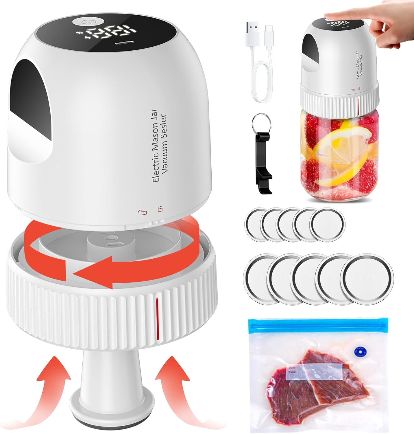 Electric Mason Jar Vacuum Sealer Kit - 3 in 1 Automatic Vacuum Sealer for Wide & Regular Mouth Mason Jars Vacuum Bags, Rechargeable Portable Vacuum Sealer for Jars for Food Storage