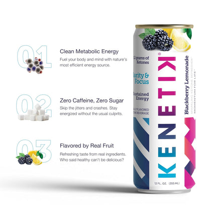 Kenetik Nootropic Ketone Drink, Ketones for Energy & Focus, Caffeine & Sugar Free, High Performance D-BHB Ketone Mix, Fuel w/Zero Crash or Jitters, Ready to Drink - Variety 12 Pk