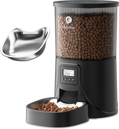 Automatic Cat Food Dispenser, Automatic Cat Feeder Programmable Portion Control, 4L Timed Auto Dog Feeders with Stainless Steel Bowl, Desiccant Bag, Dual Power Supply