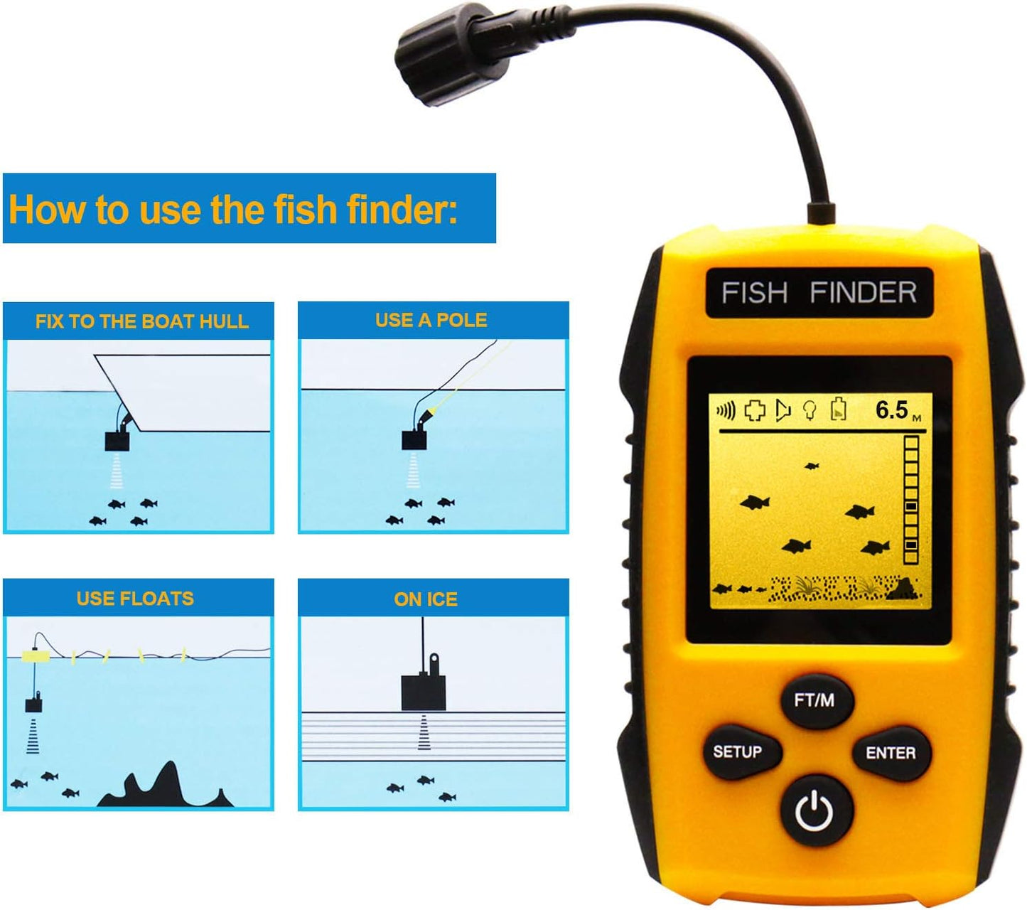 Handheld Fish Finder Portable Fishing Kayak Fishfinder Fish Depth Finder Fishing Gear with Sonar Transducer and LCD Display