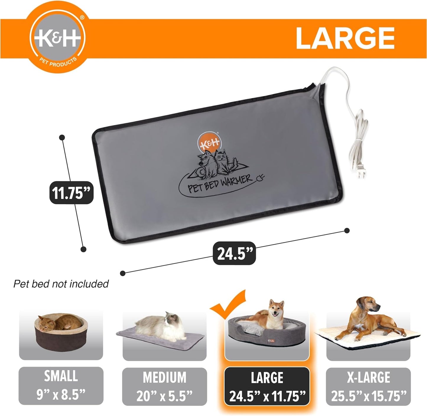 K&H Pet Products Pet Bed Warmer, Turn Any Cat or Dog Bed Into a Heated Cat or Dog Bed, Waterproof Heated Pad to Insert Inside Indoor Cat and Dog Beds - Gray Large