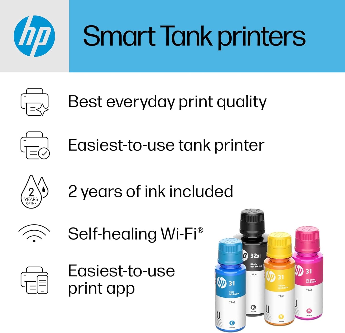 HP Smart-Tank 5000 Wireless All-in-One Ink-Tank Printer with up to 2 years of ink included, mobile print, scan, copy, white, 17.11 x 14.23 x 6.19