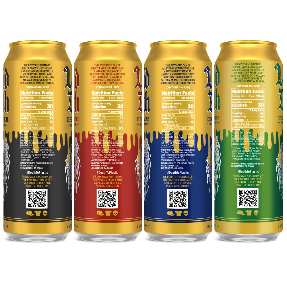 Liquid Death, Iced Tea Variety Pack (Grim Leafer, Rest in Peach, Dead Billionaire, and Green Guillotine), 12-Pack (King Size 19.2oz Cans), Tea Sweetened With Real Agave, B12 & B6 Vitamins, Low Calorie & Low Sugar