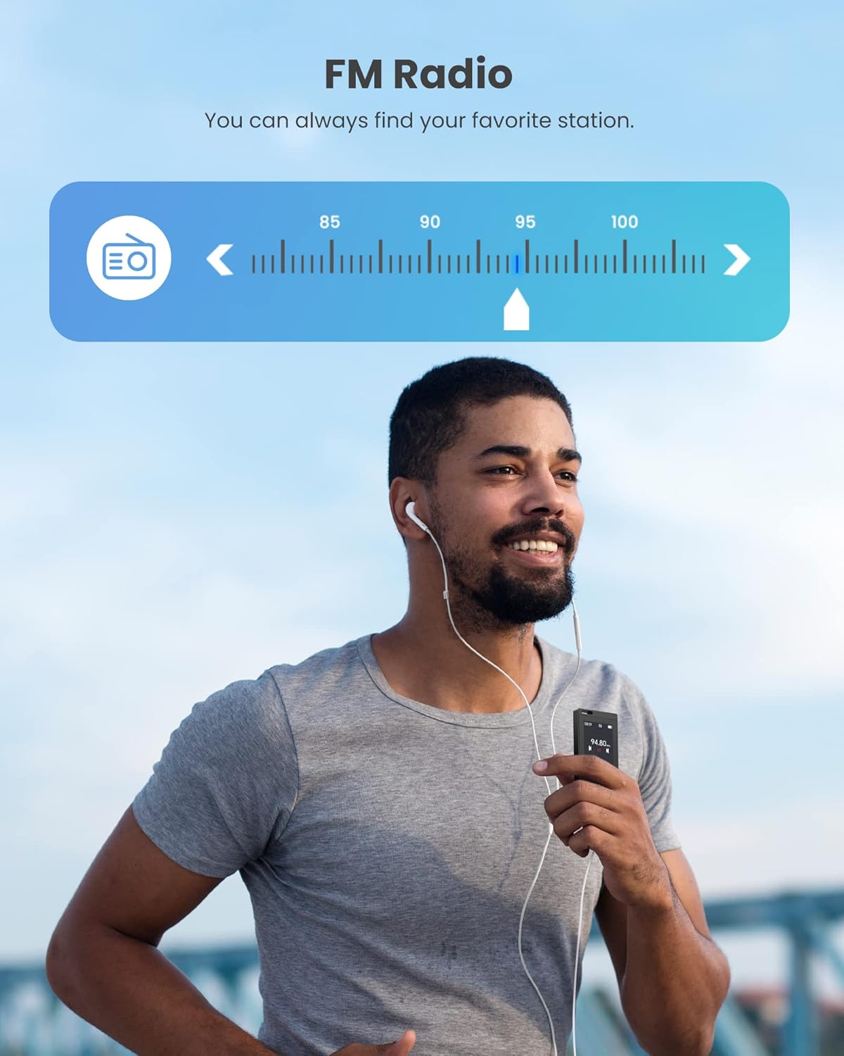 128GB MP3 Player with Bluetooth: Portable Music Player for Kids HiFi Sound Shuffle Single Loop FM Radio Built-in HD Speaker Voice Recorder Mini Design Ideal for Sport (Earphones Included)
