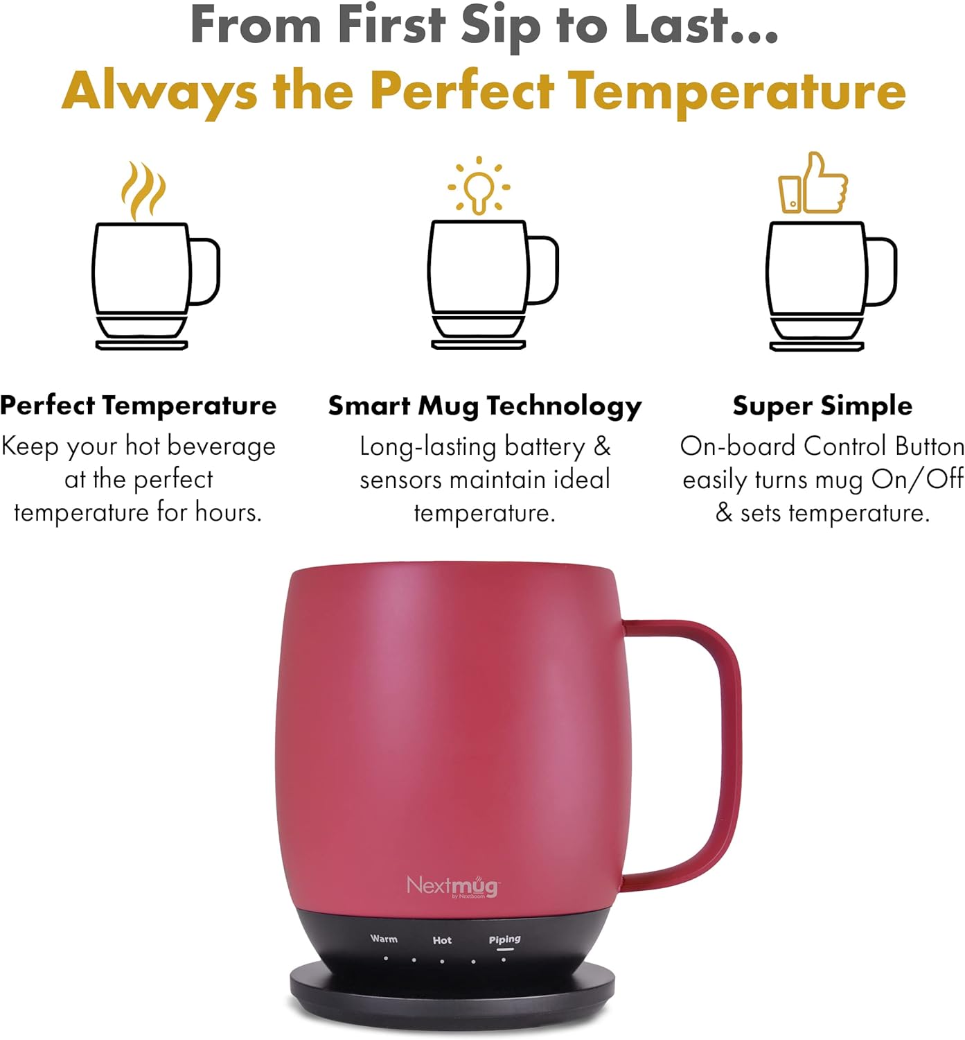 Nextmug - Temperature-Controlled, Self-Heating Coffee Mug (Dusty Rose - 14 oz.)
