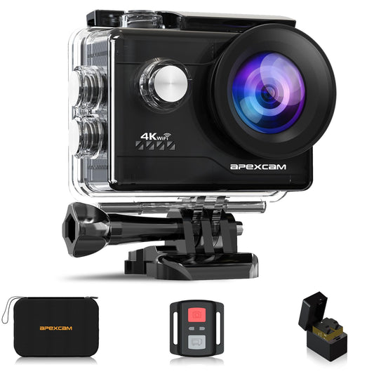 Apexcam Action Camera 4K Sports Camera 20MP 40M 170°Wide-Angle WiFi Waterproof Underwater Camera with 2.4G Remote Control 2 Batteries 2.0'' LCD Ultra HD Camera with Mounting Accessories Kit