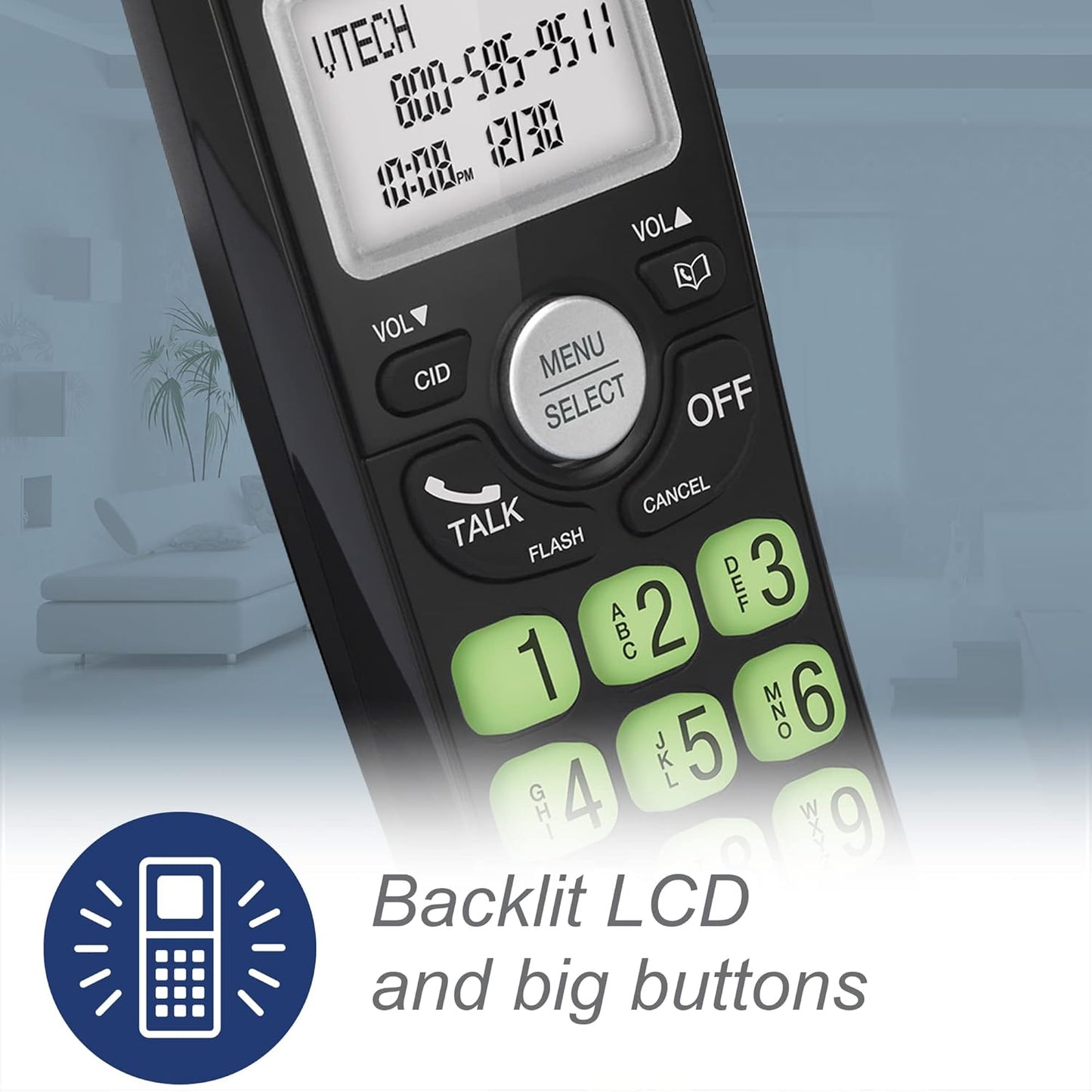 [New] VTech VG131-11 DECT 6.0 Cordless Phone - Bluetooth Connection, Blue-White Display, Big Buttons, Full Duplex, Caller ID, Easy Wall Mount, 1000ft Range (Black)