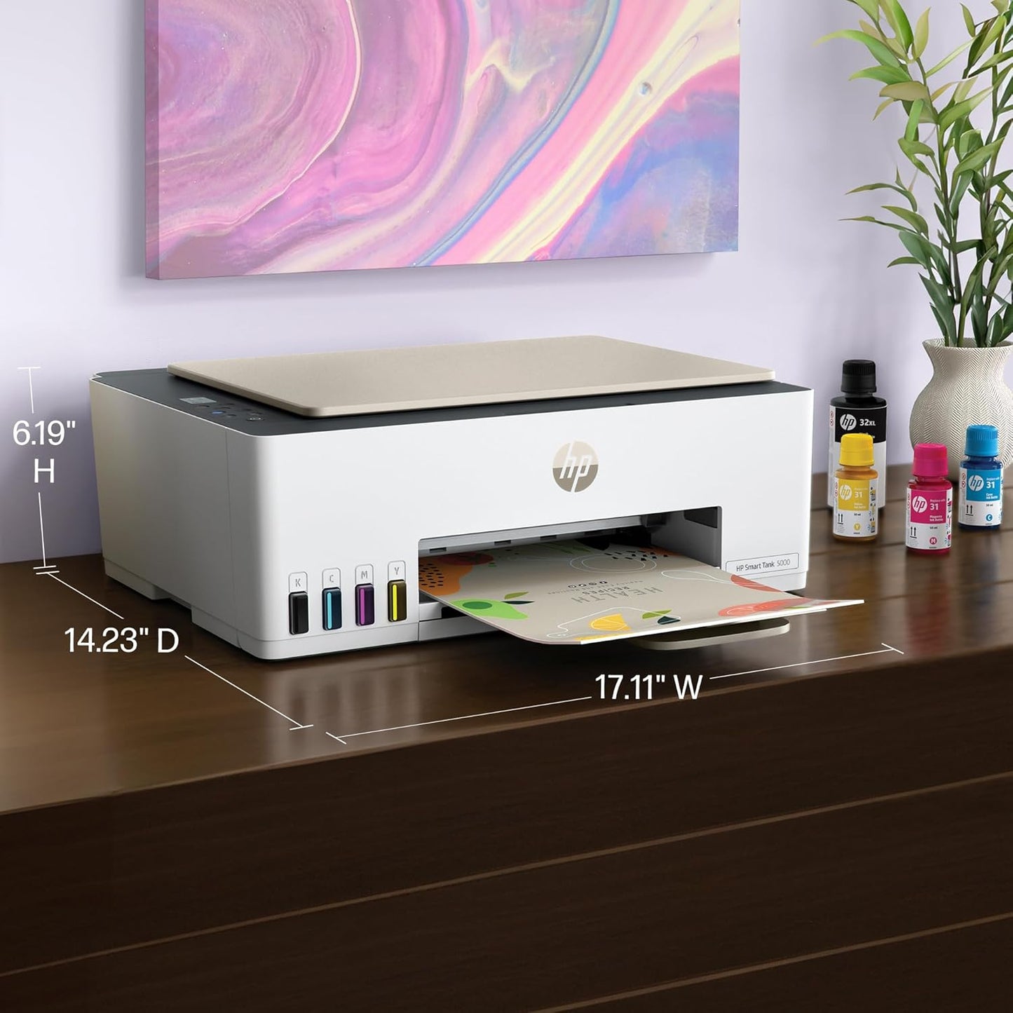 HP Smart-Tank 5000 Wireless All-in-One Ink-Tank Printer with up to 2 years of ink included, mobile print, scan, copy, white, 17.11 x 14.23 x 6.19