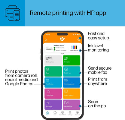 HP Envy 6555e Wireless All-in-One Color Inkjet Printer, Print, scan, Copy, Duplex Printing Best-for-Home, 3 Months of Ink Included (714N5A)