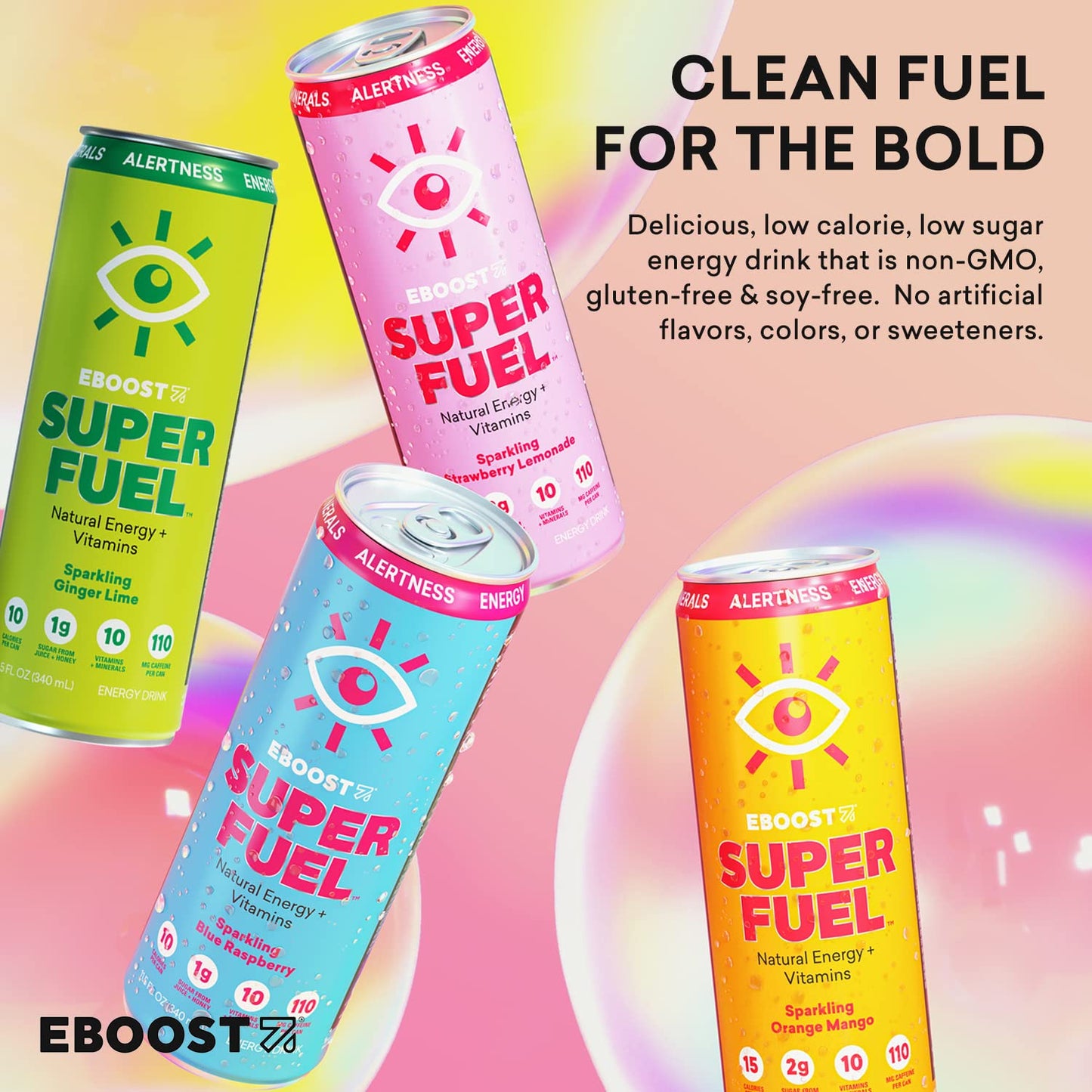 EBOOST Super Fuel Natural Energy Drink - Variety Pack, 12 Pack - 3 x Orange Mango, Strawberry Lemonade, Ginger Lime, and Blue Raspberry - Natural Caffeine from Coffee and Green Tea