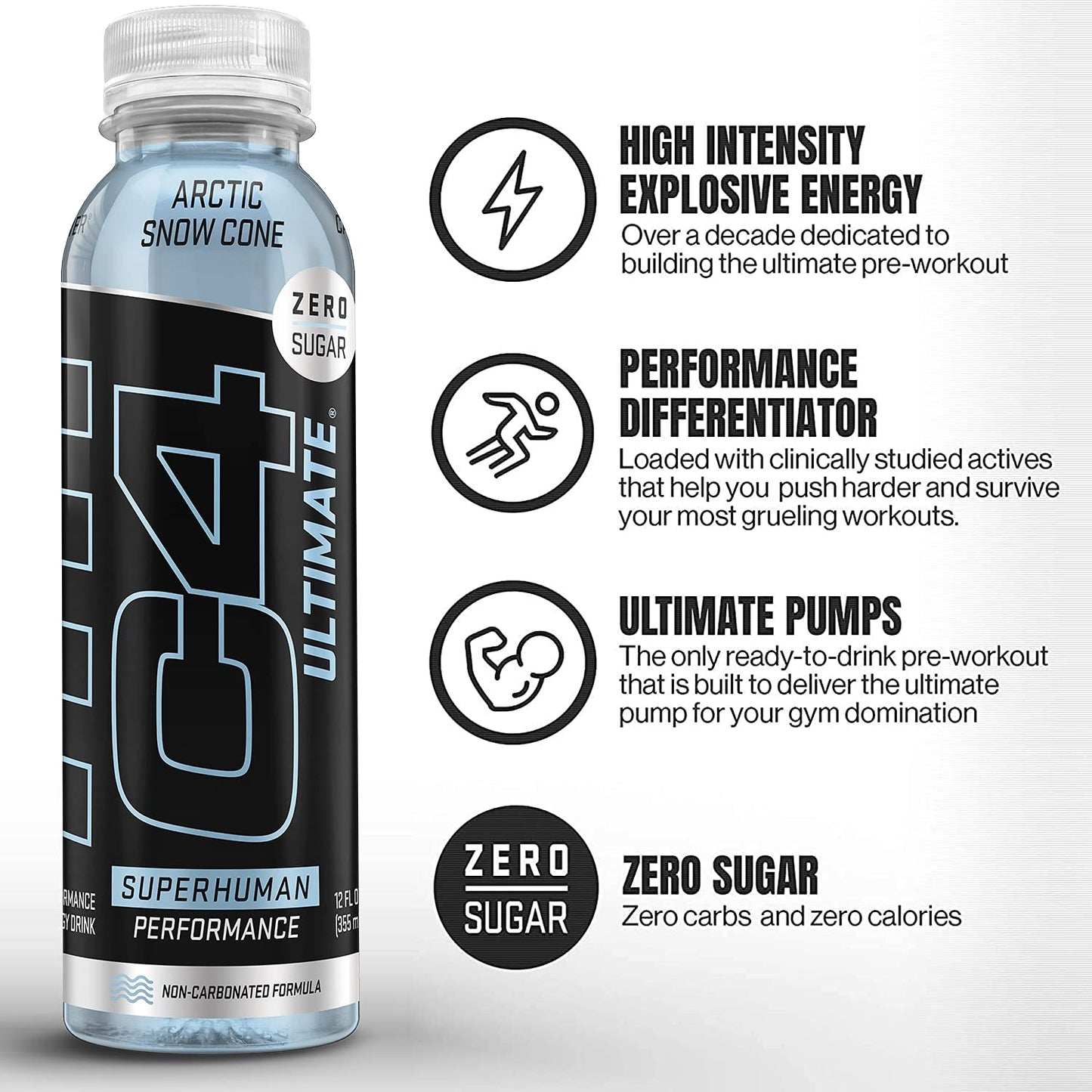 Cellucor C4 Ultimate Non-Carbonated Zero Sugar Energy Drink, Pre Workout Drink + Beta Alanine, 12 Fl Oz (Pack of 12)